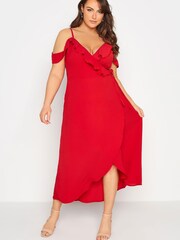 Yours Curve Red London Ruffle Wrap Cold Shoulder Maxi Dress - Image 1 of 4