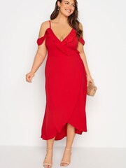 Yours Curve Red London Ruffle Wrap Cold Shoulder Maxi Dress - Image 2 of 4