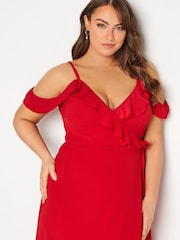 Yours Curve Red London Ruffle Wrap Cold Shoulder Maxi Dress - Image 4 of 4
