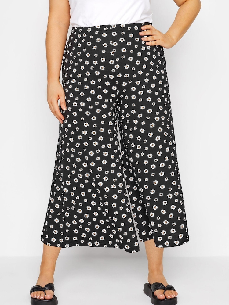 Yours Curve Black Daisy Wide Leg Midaxi Culotte - Image 1 of 4