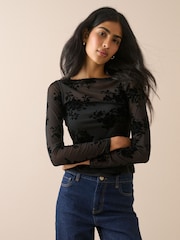 Nobodys Child Black Slash Neck Devore Top - Image 1 of 5