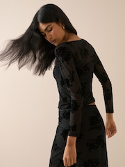 Nobodys Child Black Slash Neck Devore Top - Image 2 of 5