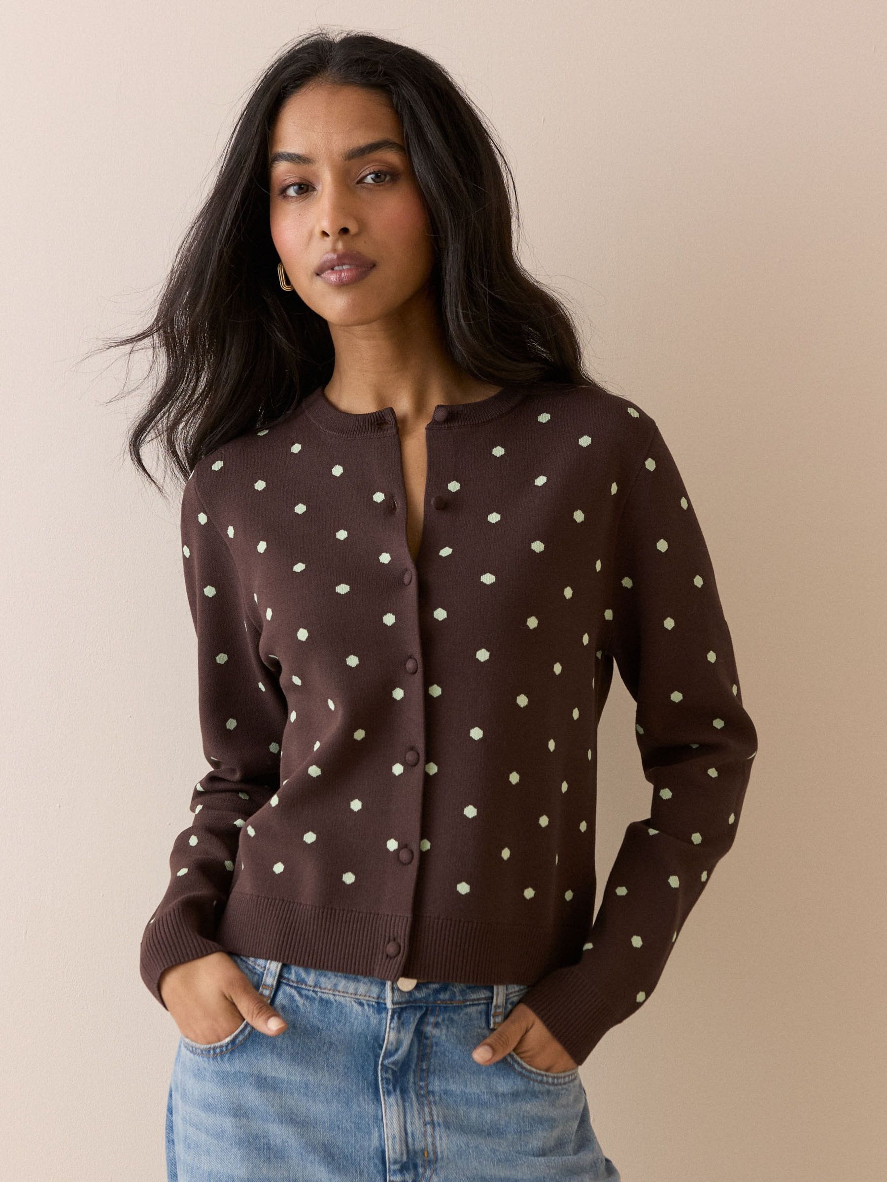 Nobody's Child Women's White Polka Dot Jacquard Cardigan With Neck Tie - Image 1