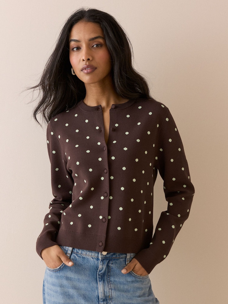 Nobodys Child White Polka Dot Jacquard Cardigan With Neck Tie - Image 1 of 5 Nobodys Child White Polka Dot Jacquard Cardigan With Neck Tie - Image 1 of 5
