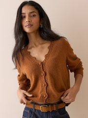 Nobodys Child Brown Elodie Crochet Trim V-Neck Cardigan - Image 2 of 5
