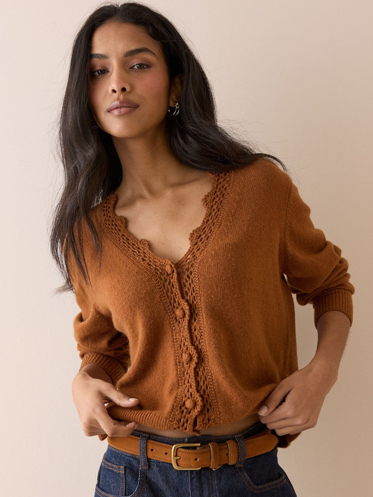 Nobodys Child Brown Elodie Crochet Trim V-Neck Cardigan - Image 2 of 5 Nobodys Child Brown Elodie Crochet Trim V-Neck Cardigan - Image 2 of 5