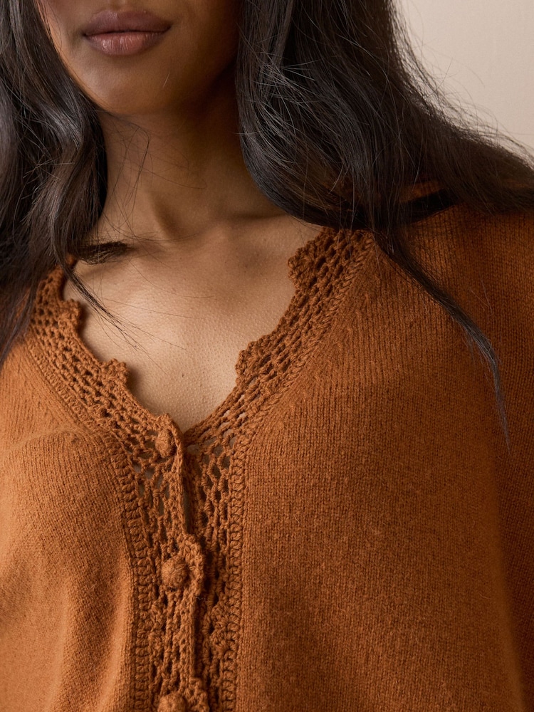 Nobodys Child Brown Elodie Crochet Trim V-Neck Cardigan - Image 5 of 5 Nobodys Child Brown Elodie Crochet Trim V-Neck Cardigan - Image 5 of 5