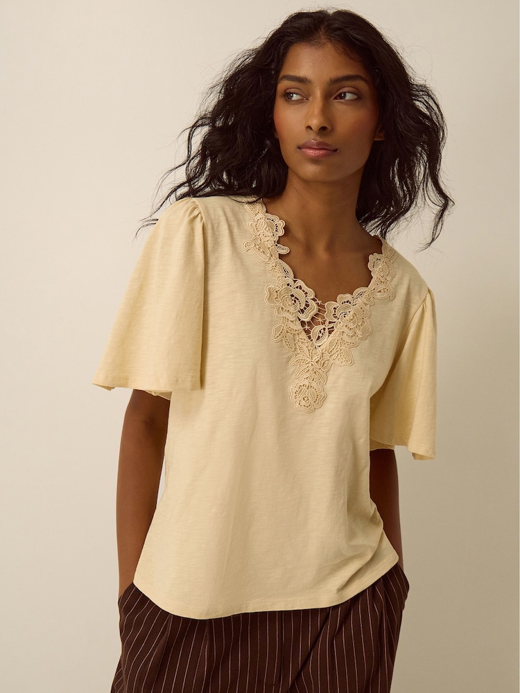 Monsoon Yellow Layla V-Neck Lace Jersey Top - Image 1 of 5