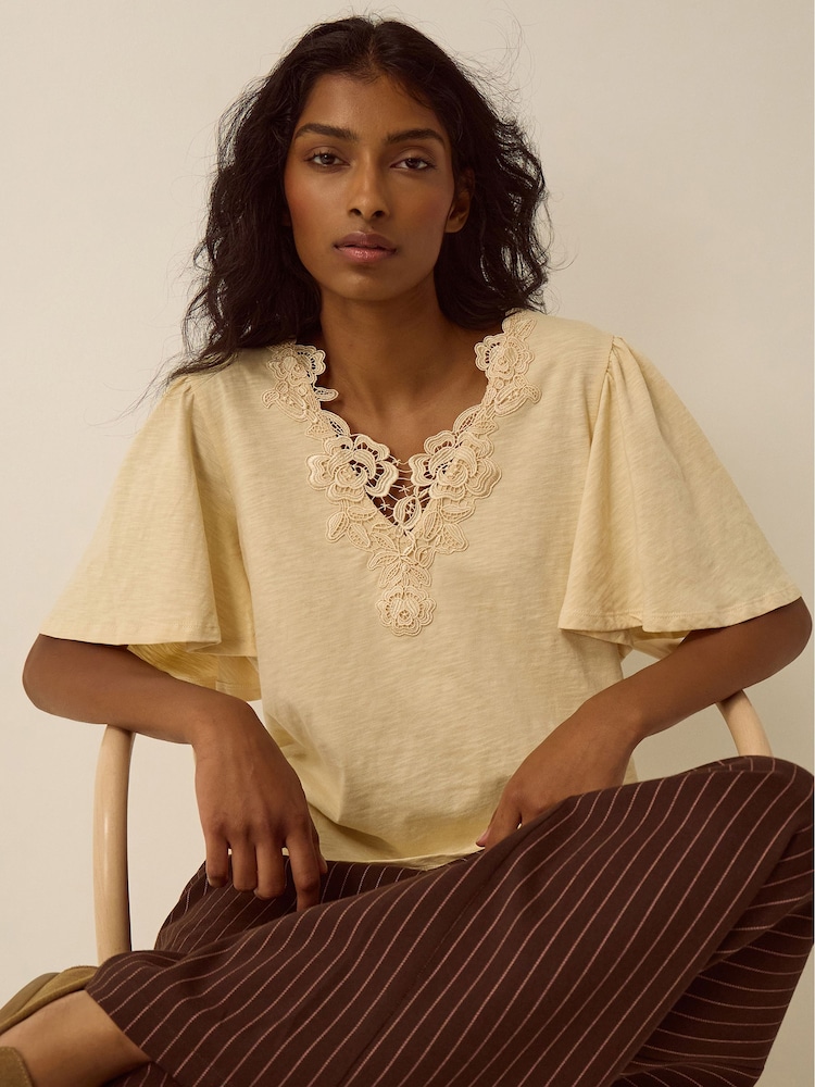 Monsoon Yellow Layla V-Neck Lace Jersey Top - Image 5 of 5