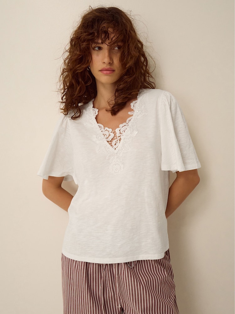 Monsoon Cream Layla V-Neck Lace Jersey Top - Image 1 of 5