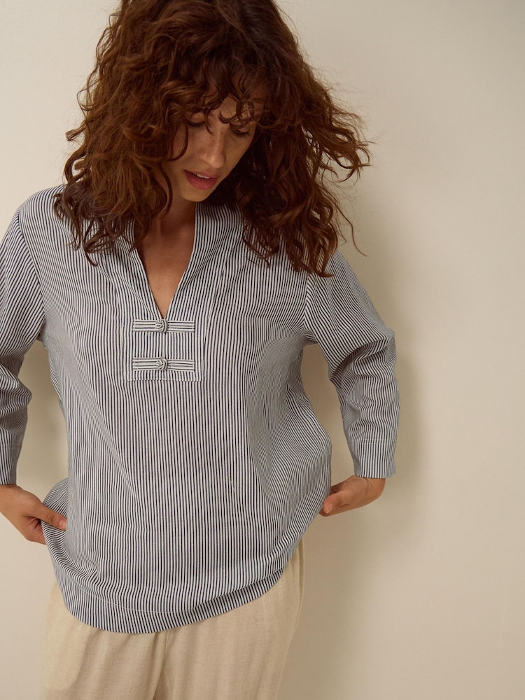 Monsoon Blue Alexa Stripe Linen Blend Top - Image 1 of 4 Monsoon Blue Alexa Stripe Linen Blend Top - Image 1 of 4