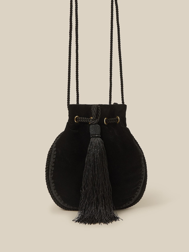 Monsoon Black Hope Tassel Velvet Pouch Bag - Image 1 of 4 Monsoon Black Hope Tassel Velvet Pouch Bag - Image 1 of 4