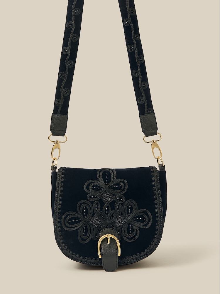 Monsoon Blue Dori Embroidered Velvet Saddle Cross-Body Bag - Image 1 of 4 Monsoon Blue Dori Embroidered Velvet Saddle Cross-Body Bag - Image 1 of 4