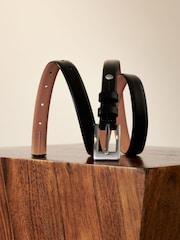 Black/Silver Premium Made In Italy Leather Skinny Belt - Image 6 of 10