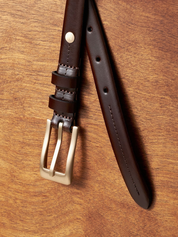 Chocolate Brown/Gold Premium Made In Italy Leather Skinny Belt - Image 6 of 7