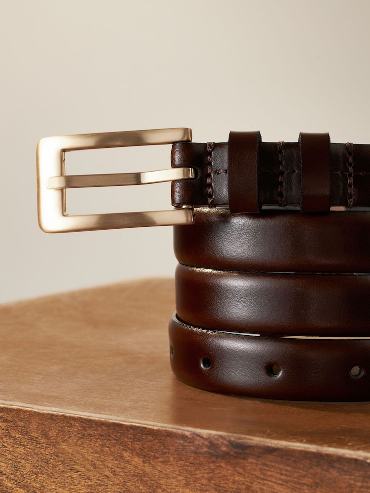 Chocolate Brown/Gold Premium Made In Italy Leather Skinny Belt - Image 7 of 7