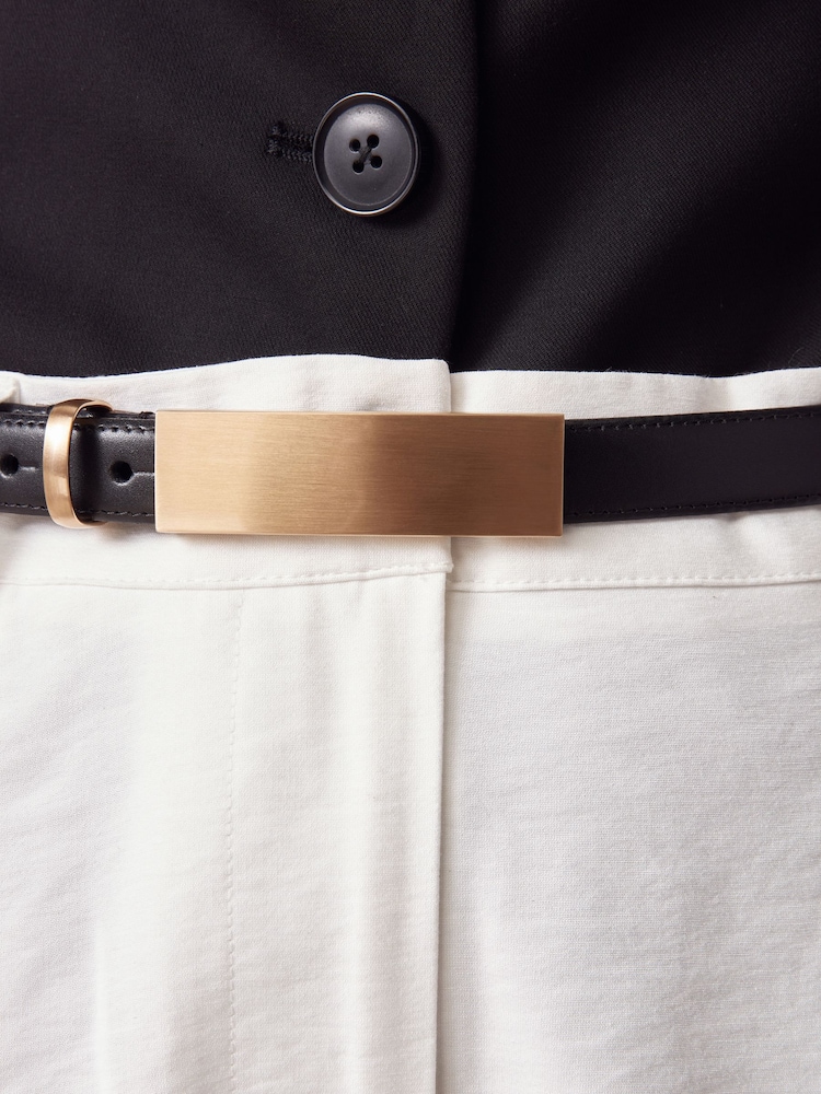 Black/Gold Plaque Buckle Premium Made In Italy Leather Skinny Belt - Image 3 of 6