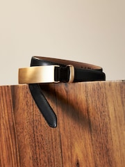Black/Gold Plaque Buckle Premium Made In Italy Leather Skinny Belt - Image 4 of 6