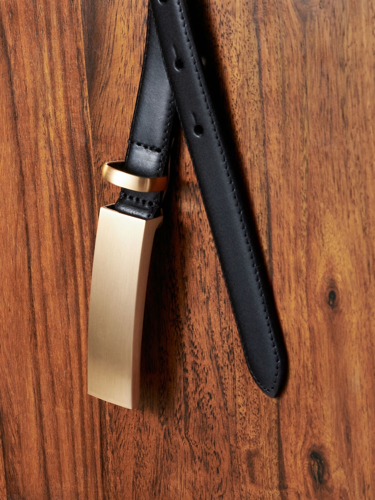 Black/Gold Plaque Buckle Premium Made In Italy Leather Skinny Belt - Image 5 of 6