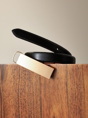 Black/Gold Plaque Buckle Premium Made In Italy Leather Skinny Belt - Image 6 of 6