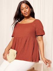 Curves Like These Red Textured Square Neck Peplum Top - Image 1 of 4