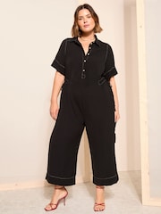 Curves Like These Black Contrast Stitch Utility Wide Leg Jumpsuit - Image 3 of 4