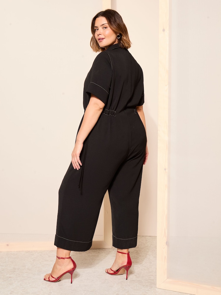 Curves Like These Black Contrast Stitch Utility Wide Leg Jumpsuit - Image 4 of 4