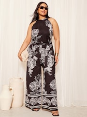 Curves Like These Black/White Halterneck Jumpsuit - Image 1 of 3