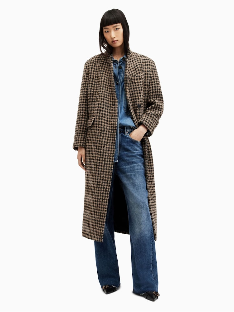 AllSaints Brown 100% Cotton Jacmes Check Coat - Image 1 of 7
