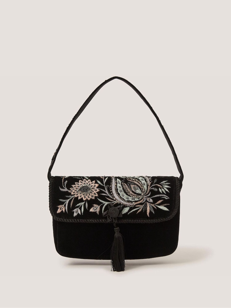 Monsoon Black Osha Embroidered Velvet Shoulder Bag - Image 1 of 3 Monsoon Black Osha Embroidered Velvet Shoulder Bag - Image 1 of 3