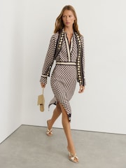 Reiss Navy/Gold Yara Scarf-Print Tie-Neck Midi Dress - Image 1 of 8