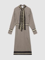 Reiss Navy/Gold Yara Scarf-Print Tie-Neck Midi Dress - Image 2 of 8