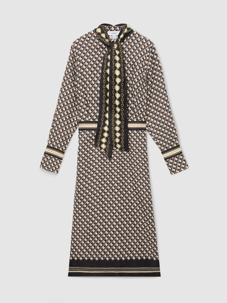 Reiss Navy/Gold Yara Scarf-Print Tie-Neck Midi Dress - Image 2 of 8 Reiss Navy/Gold Yara Scarf-Print Tie-Neck Midi Dress - Image 2 of 8