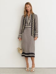 Reiss Navy/Gold Yara Scarf-Print Tie-Neck Midi Dress - Image 7 of 8