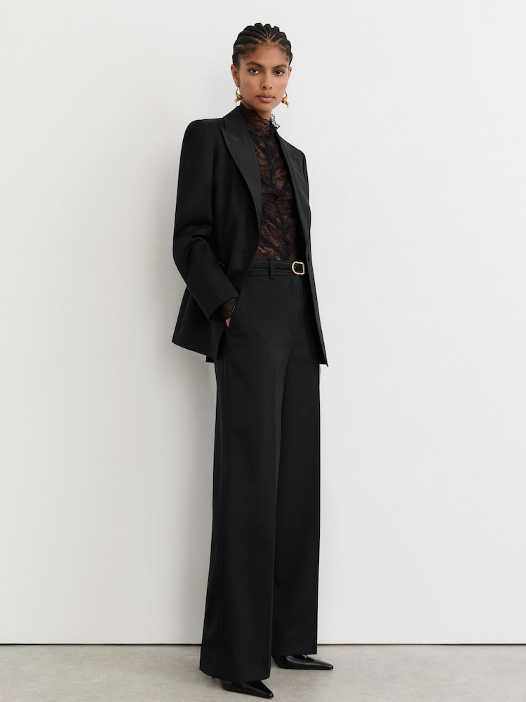 Reiss Black Dakota Wool-Blend Wide-Leg Tuxedo Trousers - Image 1 of 7 Reiss Black Dakota Wool-Blend Wide-Leg Tuxedo Trousers - Image 1 of 7