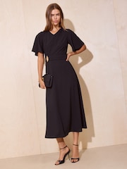 Friends Like These Navy Flutter Sleeve Ruched Hardware Midi Dress - Image 1 of 5