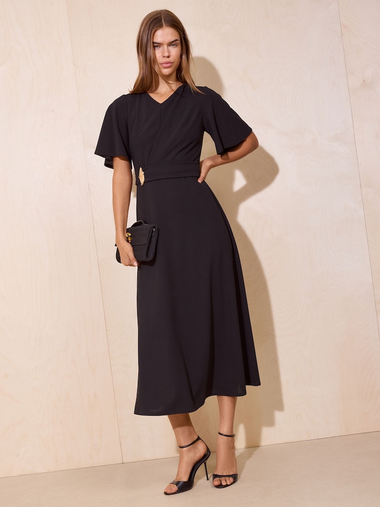 Friends Like These Navy Flutter Sleeve Ruched Hardware Midi Dress - Image 1 of 5 Friends Like These Navy Flutter Sleeve Ruched Hardware Midi Dress - Image 1 of 5