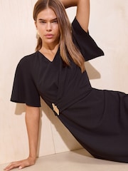 Friends Like These Navy Flutter Sleeve Ruched Hardware Midi Dress - Image 3 of 5