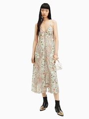 AllSaints Green Dahlia Cascade Dress - Image 1 of 5
