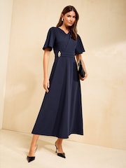 Friends Like These Red Flutter Sleeve Ruched Hardware Midi Dress - Image 1 of 5