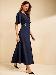 Friends Like These Red Flutter Sleeve Ruched Hardware Midi Dress - Image 4 of 5