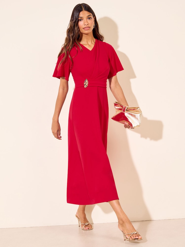 Friends Like These Black Flutter Sleeve Ruched Hardware Midi Dress - Image 1 of 5 Friends Like These Black Flutter Sleeve Ruched Hardware Midi Dress - Image 1 of 5