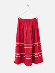 Oliver Bonas Red Embroidered Tiered Midi Skirt - Image 4 of 7