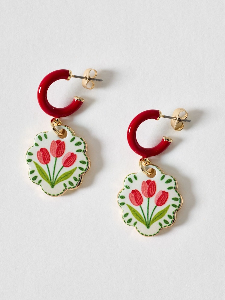 Oliver Bonas Red Frances Tulip Charm Hoop Earrings - Image 1 of 4