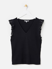 Oliver Bonas Black Ribbed V-Neck Broderie Frill Sleeve Top - Image 1 of 5