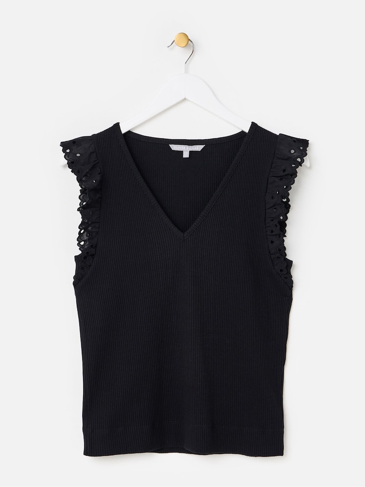 Oliver Bonas Black Ribbed V-Neck Broderie Frill Sleeve Top - Image 1 of 5 Oliver Bonas Black Ribbed V-Neck Broderie Frill Sleeve Top - Image 1 of 5