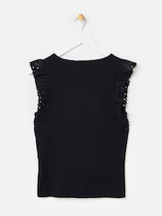 Oliver Bonas Black Ribbed V-Neck Broderie Frill Sleeve Top - Image 2 of 5