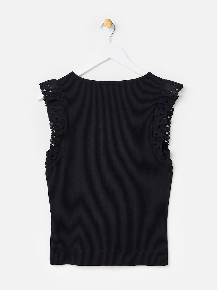 Oliver Bonas Black Ribbed V-Neck Broderie Frill Sleeve Top - Image 2 of 5 Oliver Bonas Black Ribbed V-Neck Broderie Frill Sleeve Top - Image 2 of 5