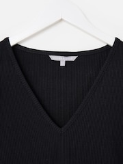 Oliver Bonas Black Ribbed V-Neck Broderie Frill Sleeve Top - Image 3 of 5
