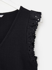 Oliver Bonas Black Ribbed V-Neck Broderie Frill Sleeve Top - Image 4 of 5